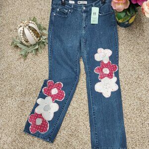 37855 Size 12 Upcycled Levi't Appliqued With Quilted Flower Trim.